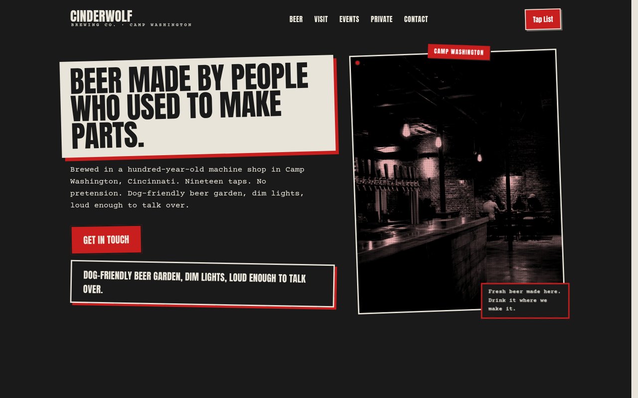 Bars & Breweries website example — Cinderwolf Brewing Co.