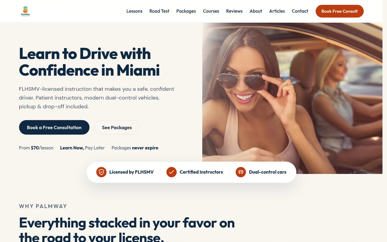 Driving Schools website example — PalmWay - Sunlit South Florida