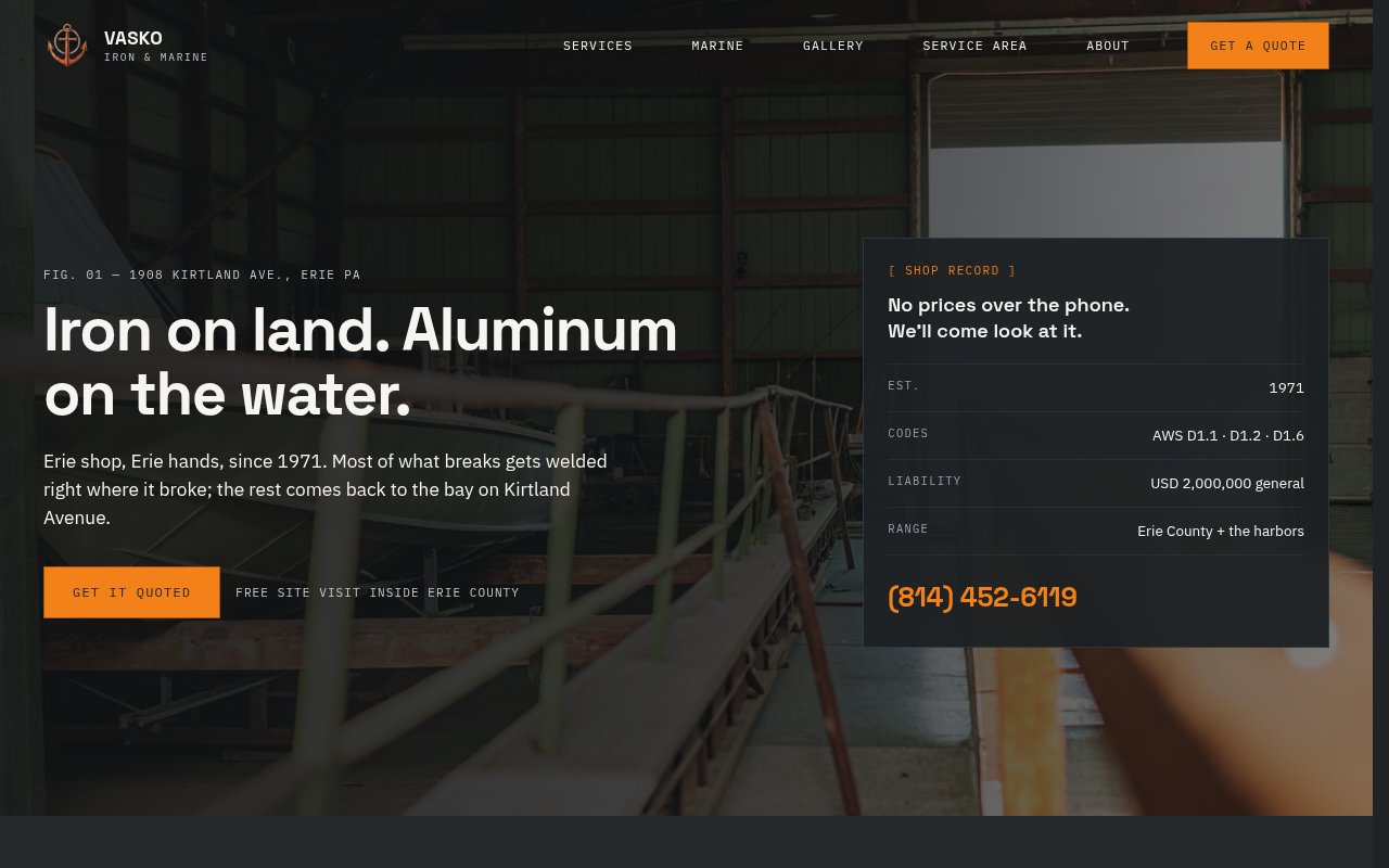 Welding & Fabrication website example — Vasko Iron & Marine